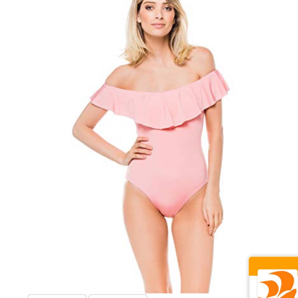 TRINA TURK OFF SHOULDER RUFFLE ONE PIECE PINK